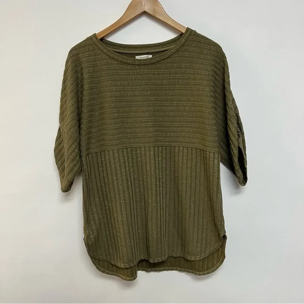 Max Studio Ribbed Short Sleeve Sweater Knit Top Olive Green Loose Fit Medium_2